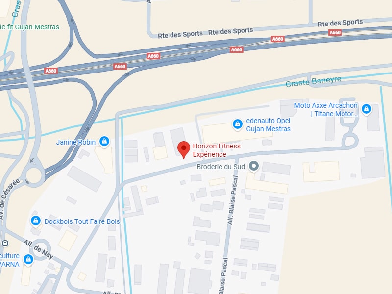 Horizon Fitness Gujan-Mestras : Localisation et Accès A660 Carte localisant Horizon Fitness Expérience à Gujan-Mestras, près de l'A660, Janine Robin, edenauto Opel et Broderie du Sud.