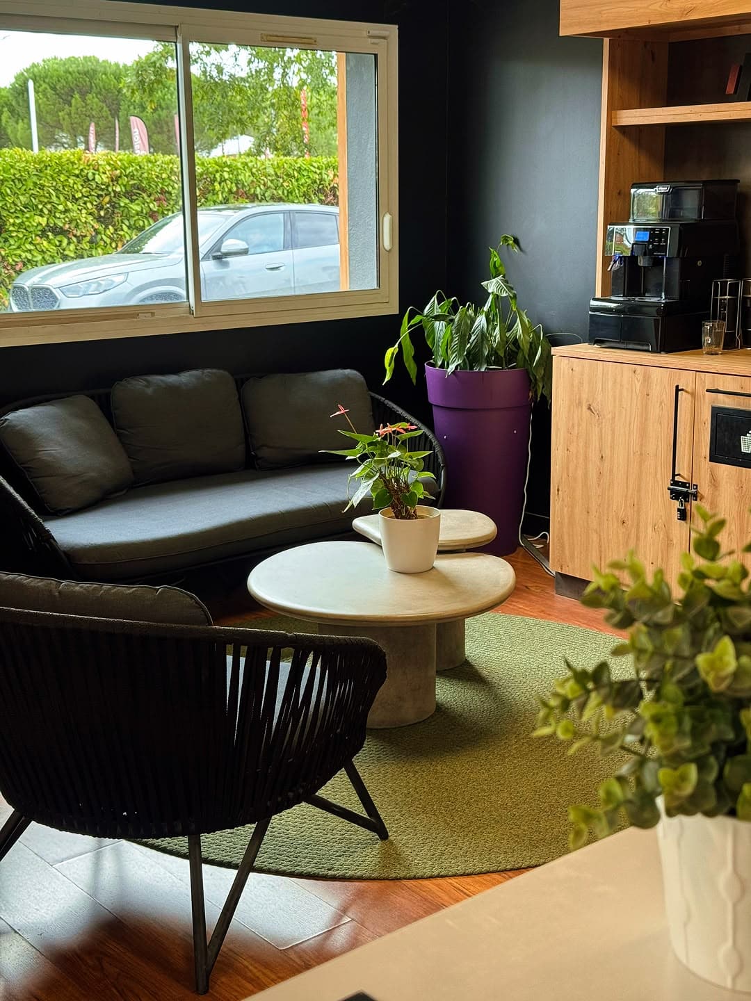 Espace détente bureau : canapé gris, table basse, tapis vert, plantes et machine à café.