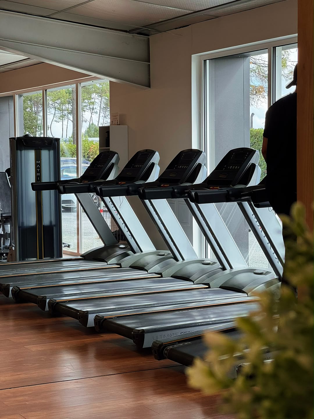Alignement de tapis de course Matrix devant de grandes baies vitrées dans une salle de sport lumineuse et moderne.